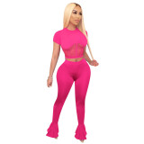 Hot Pink Mesh Patchwork Two Piece Flare Pants Set