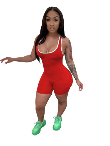 Contrast Piping Red Tank Romper