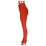 Red Ribbed High Waist Slit Bottom Pants