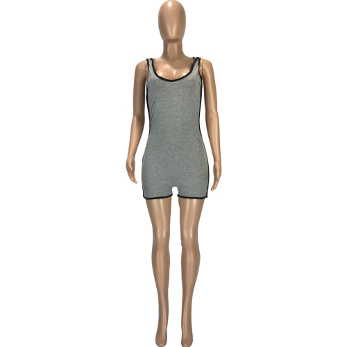 Gray Contrast Piping Cut Out Romper with Mask