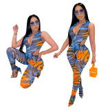 Print Blue & Orange Mesh Sexy Bodysuit & Leggings