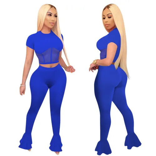 Blue Mesh Patchwork Two Piece Flare Pants Set
