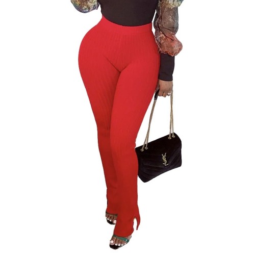 Red Ribbed High Waist Slit Bottom Pants