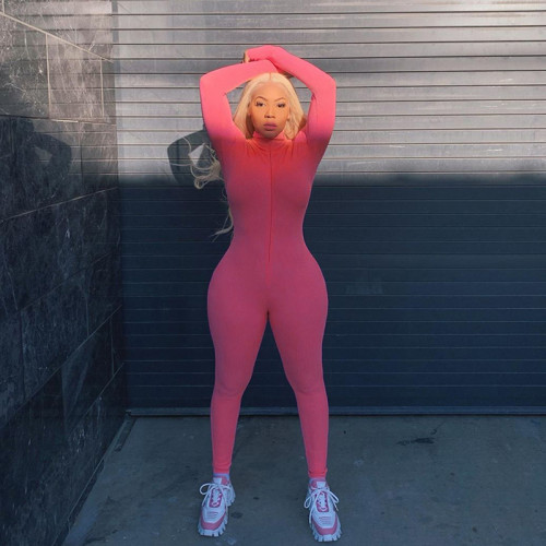 Pink High Neck Zip Up Sporty Jumpsuit with Sleeve