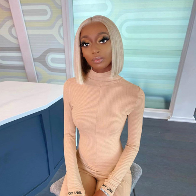 Khaki High Neck Zip Up Sporty Jumpsuit with Sleeve