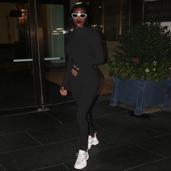 Black High Neck Zip Up Sporty Jumpsuit with Sleeve