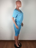 Blue Stripes V-Neck Casual Top and Biker Shorts
