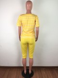 Yellow Stripes V-Neck Casual Two Piece Shorts Set