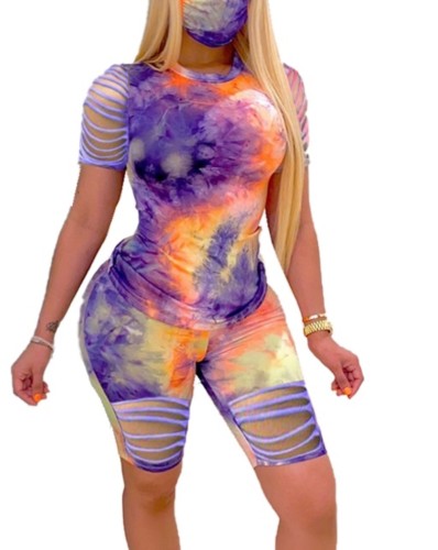 Purple Tie Dye Ripped Casual Top & Shorts(without Mask)