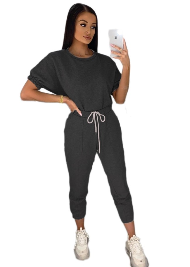 Black Drawstring Leisure Two Piece Pants Set