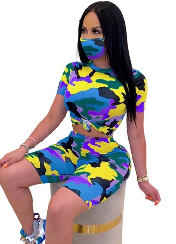 Multicolor Camo Print Two Piece Shorts Set with Mask