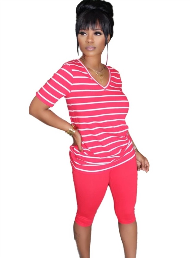 Red Stripes V-Neck Casual Top & Shorts