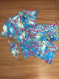 Blue Tie Dye Casual Two Piece Shorts Set with Face Cover