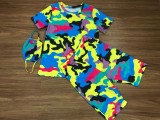 Colorful Camo Print Two Piece Shorts Set with Mask