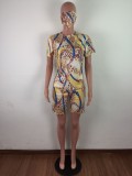 Yellow Printed Casual Two Piece Shorts Set with Face Cover
