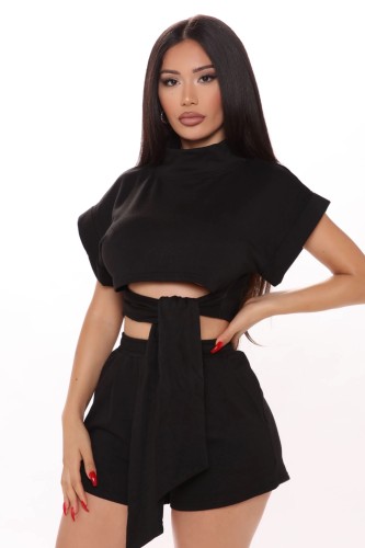 Black Cut Out Tie Waist Cuffed Two Piece Shorts Set