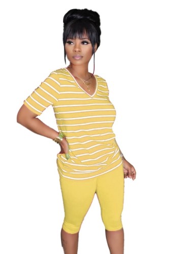 Yellow Stripes V-Neck Casual Two Piece Shorts Set