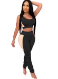 Black Color Block Ruched Two Piece Pants Set