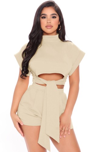 Beige Cut Out Tie Waist Cuffed Crop Top and Shorts