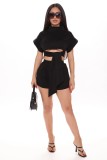 Black Cut Out Tie Waist Cuffed Two Piece Shorts Set