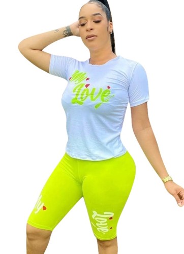 Letter Print Neon Green Skinny Two Piece Short Set