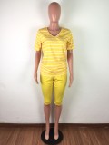 Yellow Stripes V-Neck Casual Two Piece Shorts Set