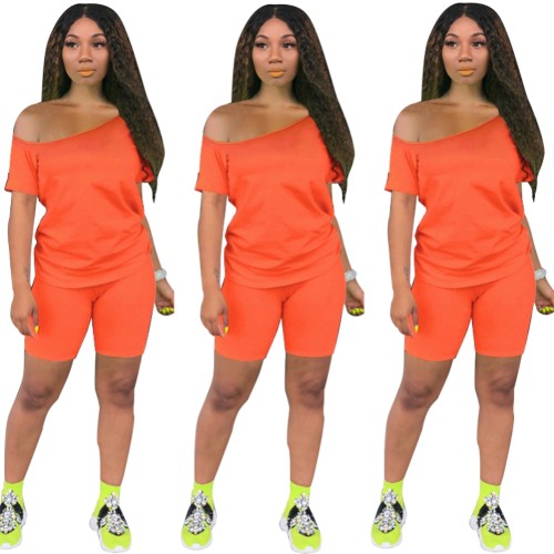 Orange Off Shoulder Casual Two Piece Shorts Set