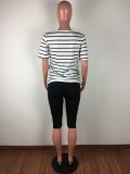 White Black Stripes V-Neck Casual Two Piece Shorts Sett