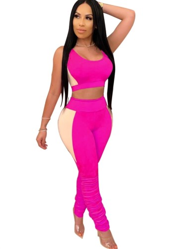 Hot Pink Color Block Ruched Two Piece Pants Set