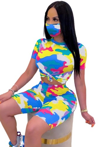 Multicolor Camo Print Two Piece Shorts Set with Face Cover