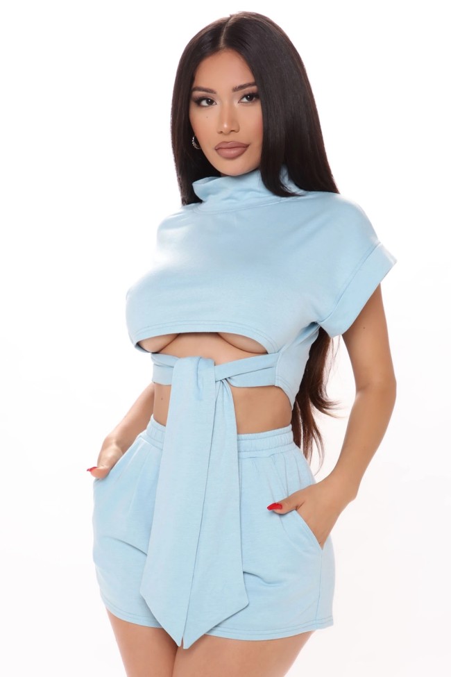 Light Blue Cut Out Tie Waist Cuffed Crop Top and Shorts