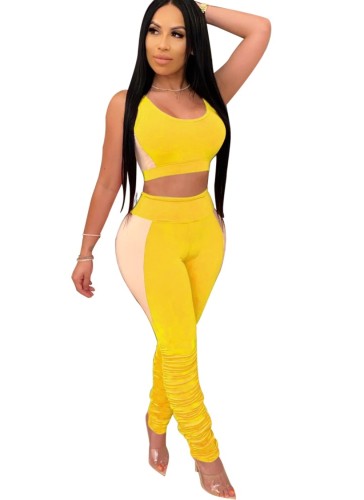 Yellow Color Block Tank Top & Ruched Pants