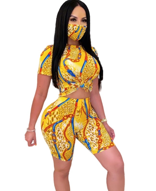 Yellow Printed Casual Two Piece Shorts Set with Face Cover