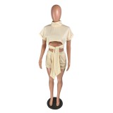 Beige Cut Out Tie Waist Cuffed Crop Top and Shorts