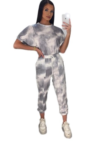 Gray Tie Dye Leisure Top with Drawstring Pants