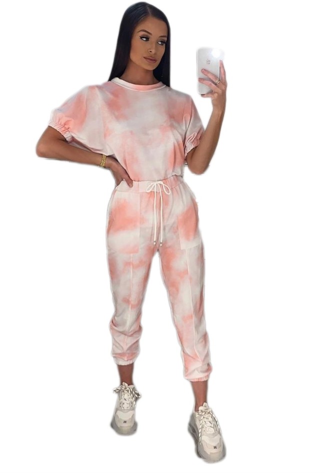 Pink Tie Dye Drawstring Leisure Two Piece Pants Set