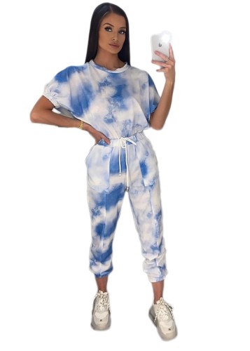 Blue Tie Dye Leisure Top with Drawstring Pants