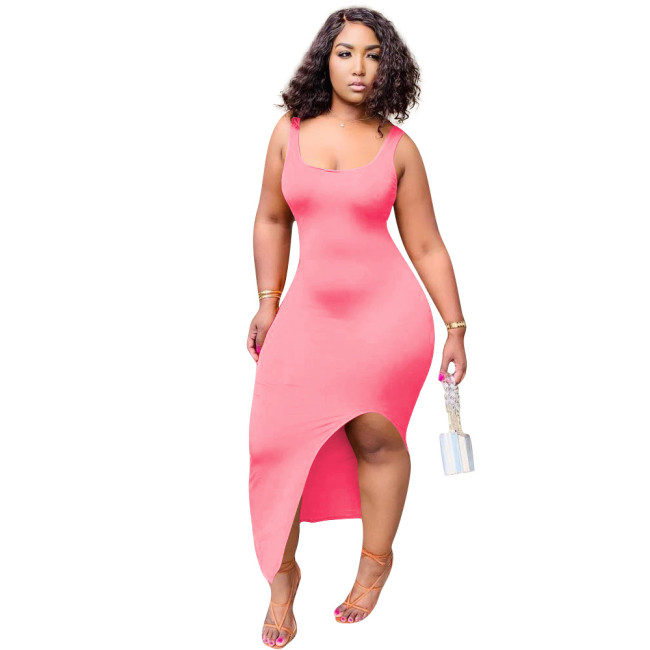 Sexy Pink Sleeveless Long Bodycon Slit Dress