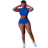 Blue Zipper Crop Top & Shorts Set