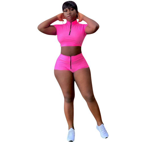 Hot Pink Zipper Crop Top & Shorts Set