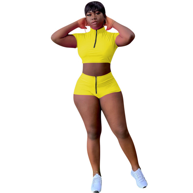 Yellow Zipper Crop Top & Shorts Set