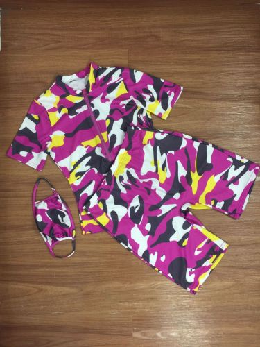 Camo Hot Pink 1/2 Zipper Top and Biker Shorts Set with Mask