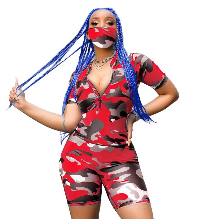 Camo Red 1/2 Zipper Top and Biker Shorts Set with Mask
