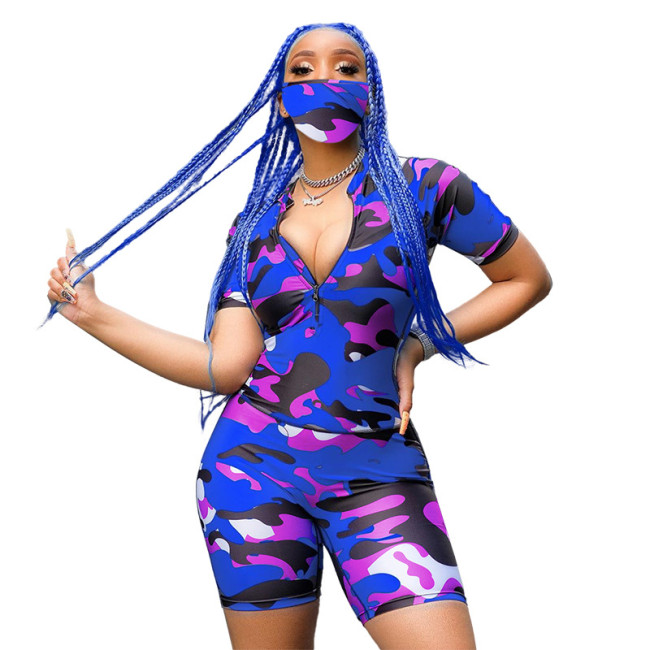 Camo Blue 1/2 Zipper Top and Biker Shorts Set with Mask