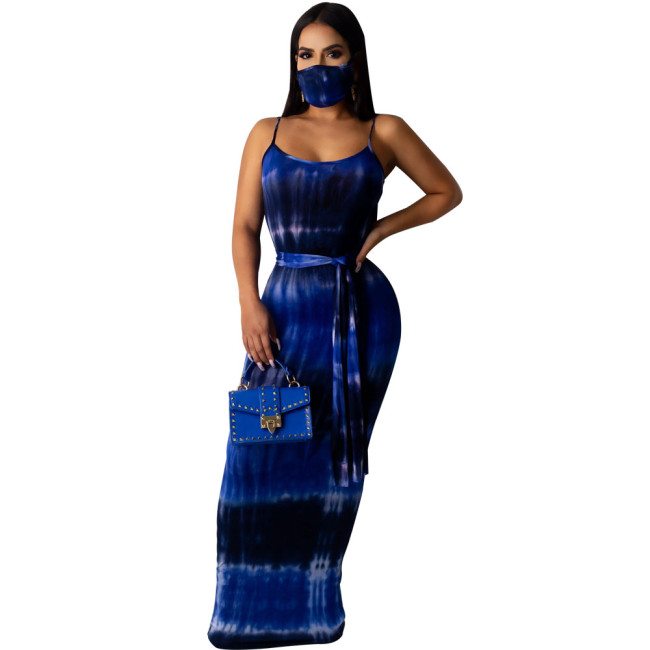Tie Dye Blue Straps Maxi Dress(Without Mask)