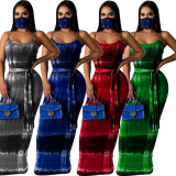 Tie Dye Blue Straps Maxi Dress(Without Mask)