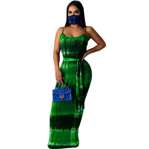 Tie Dye Green Straps Maxi Dress(Without Mask)