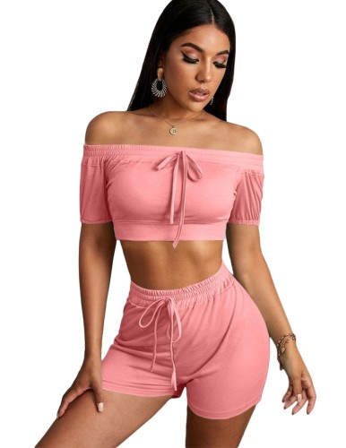 Pink Off Shoulder Tie Crop Top and Elastic Waist Shorts