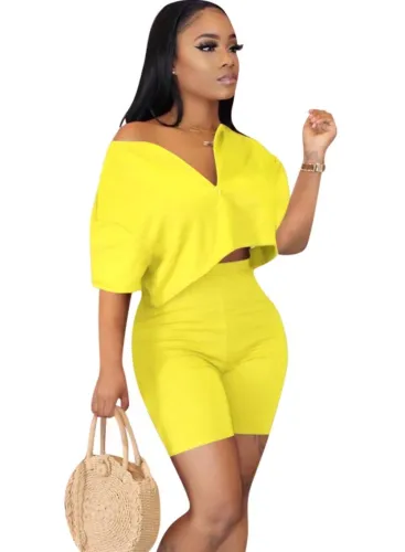 Yellow Drop Shoulder Crop Top and Shorts
