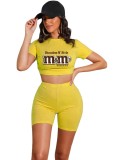 Yellow Letter Print  Crop Top and Shorts